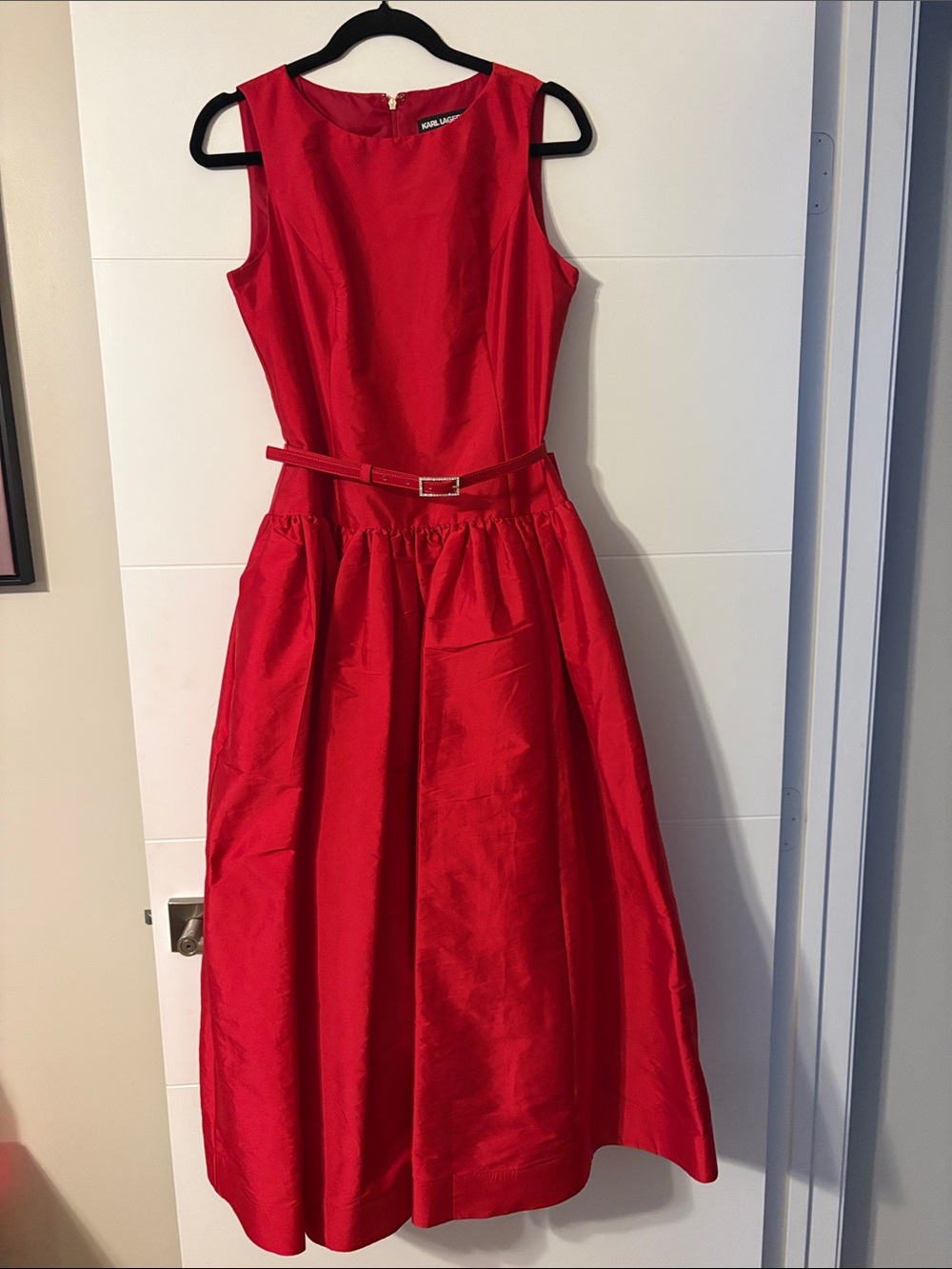 Karl Lagerfeld Paris  Sleeveless Fit-and-Flare Vibrant Red Dress with Belt New